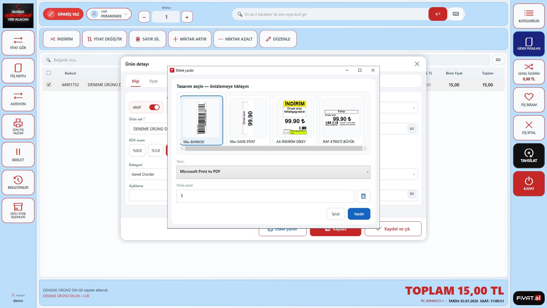 POS PC etiket yazdırma ekranı