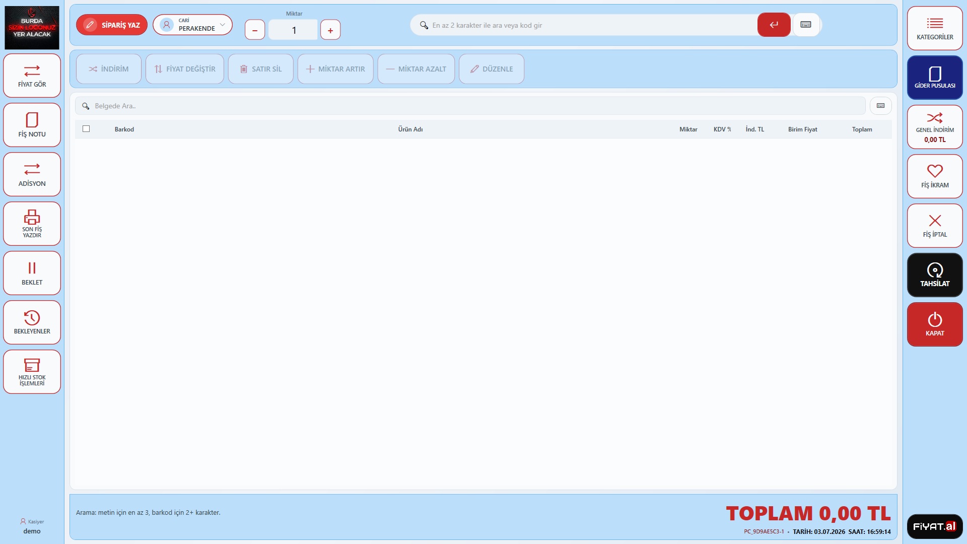 POS PC satış ekranı